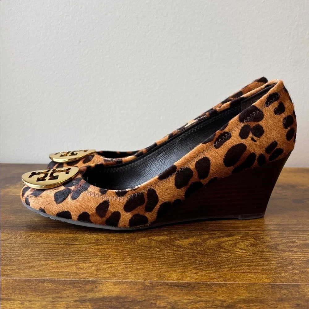 Tory Burch Animal Print wedges with Gold Emblem